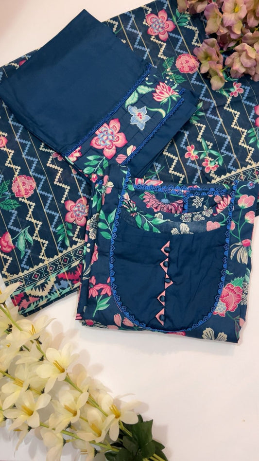 Blue flora 3PCS stitched